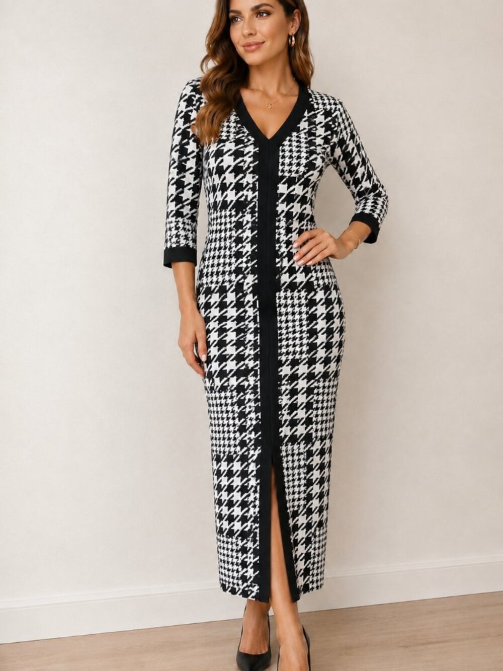 SHEIN Black White Houndstooth Maxi Tunic Dress V-Neck 3/4 Sleeve Size M